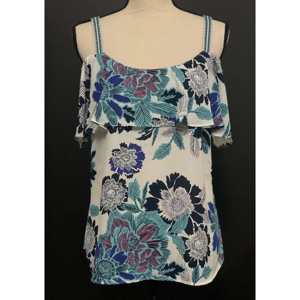 Simply Styled Cold Shoulder Short Sleeve Blouse Floral Blue & White M